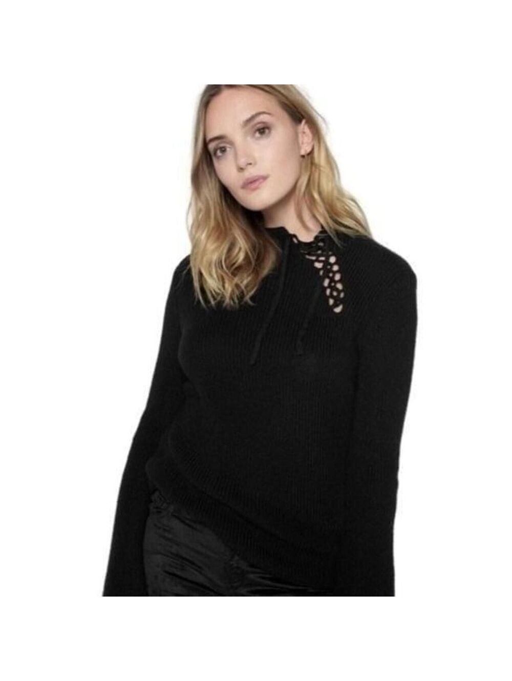 7 for all mankind black sweater with tie and bell sleeves